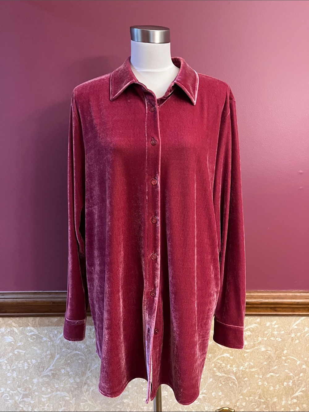 Soft Surroundings Velvet Button-Down Shirt in Rose